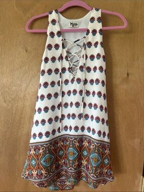 Show Me Your MuMu White Lace-Up Boho Print Dress with Teal & Rust Accents